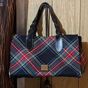 Dooney & Bourke Navy Plaid Tote with Red and Green Accents